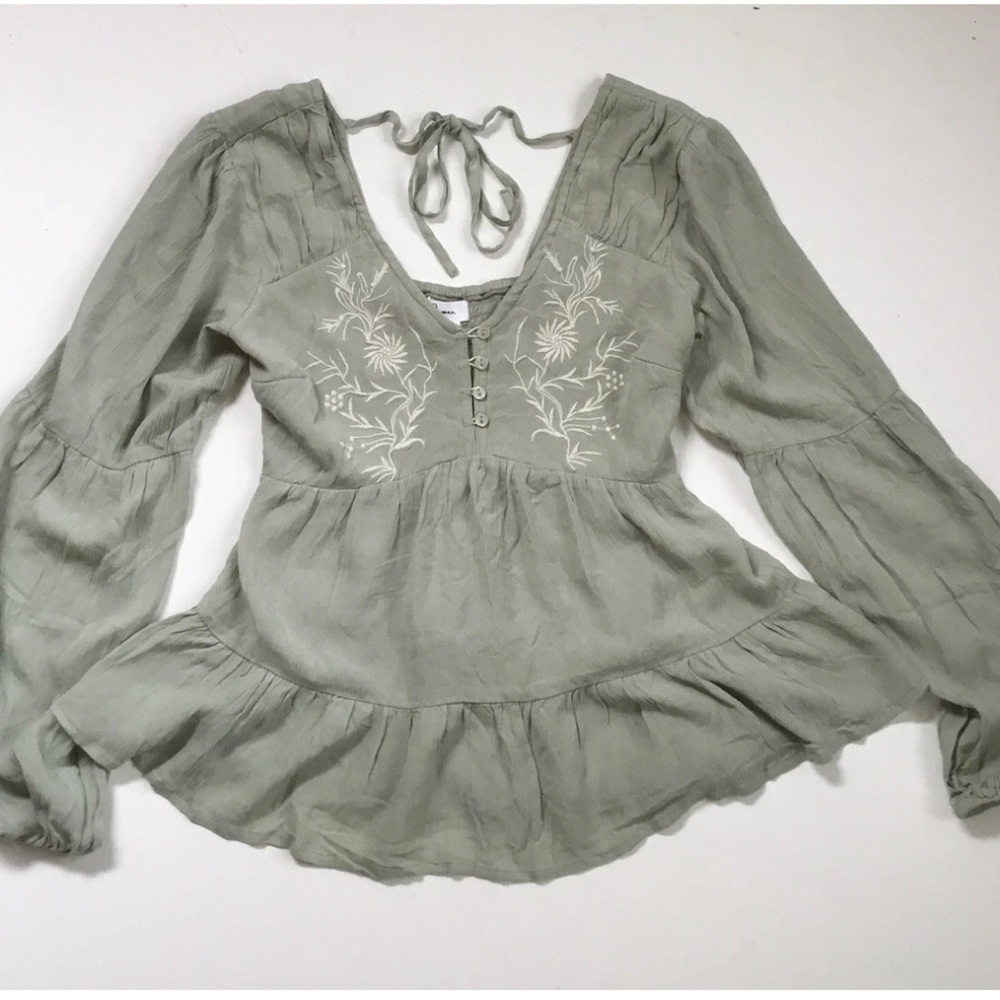 Japna Top Embroidered Gauzy Boho Peasant Flowy Smock Tie Back Fairy Babydoll